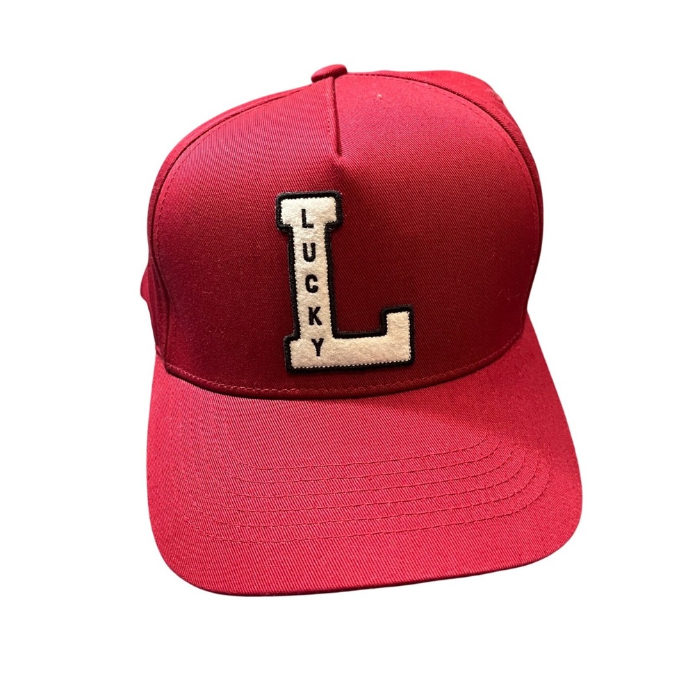 NEW Lucky Brand‎ Trucker Hat Mens One Size Red Lucky Letter L Patch Snapback Cap